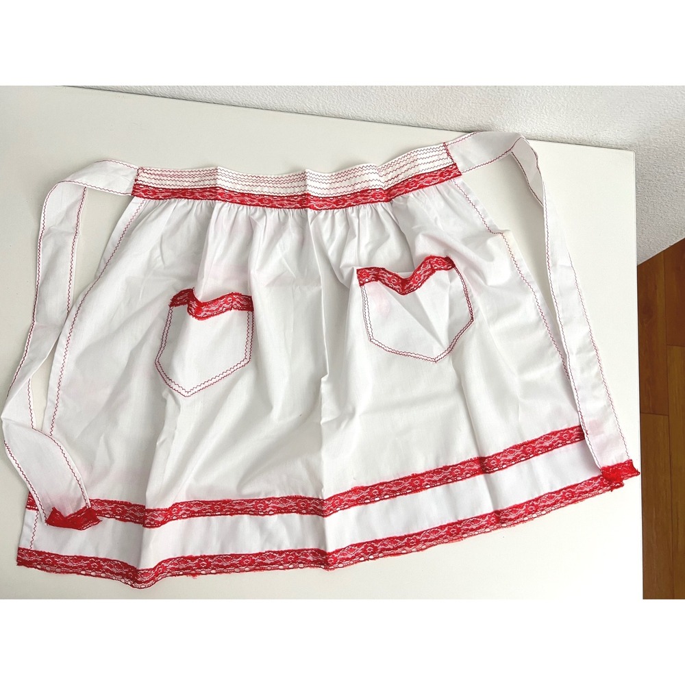 Vintage White Half Apron Red Lace Trim Rickrack Two Pockets Retro Kitchenette